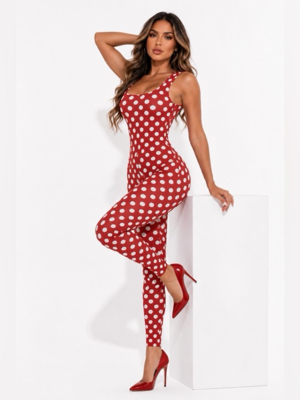 Beige Polka Dot Sleeveless Jumpsuit